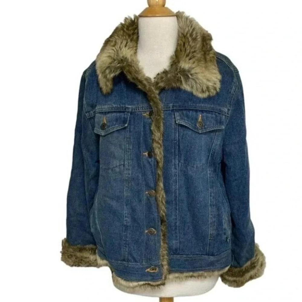 Fabio Denim Jacket Large Blue Faux Fur Trimmed Trucker Boho Ramie Blend